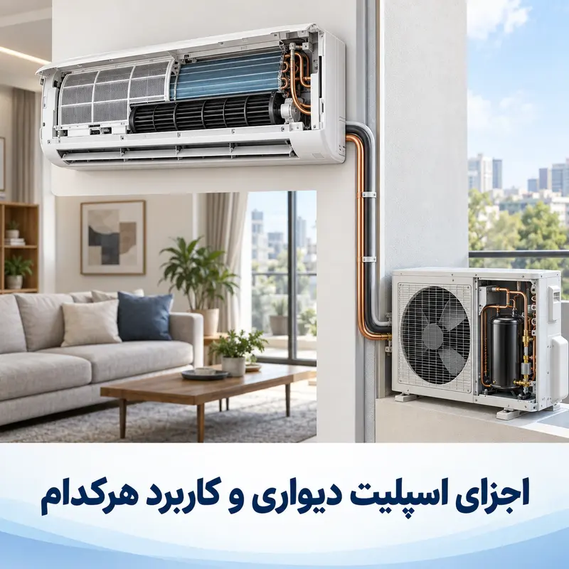 اجزای اسپلیت دیواری و کاربرد هرکدام؛ نمای اجزای یونیت داخلی و خارجی